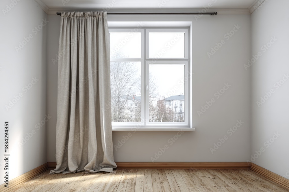 Fototapeta premium Interior room features a large window covered partially by a draped fabric panel and light wood flooring