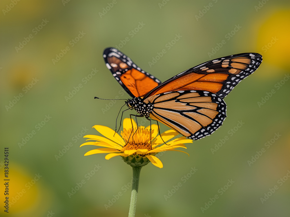 Fototapeta premium A butterfly resting on a yellow flower with a soft natural background. Macro nature theme focusing on insects, flora, and outdoor beauty.