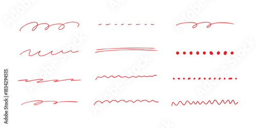 シンプルなペンの手描きライン素材セット 赤