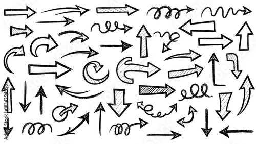 A collection of various hand-drawn arrows points in different directions and styles.