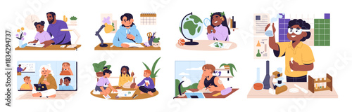 Set of learning children. Kids study with books. Parents help pupils to do homework. School friends do research together. Online education by video call. Flat isolated vector illustrations on white.