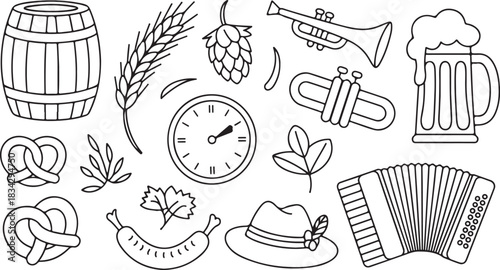 Outlined bavarian symbols including beer barrel, pretzels, beer mug and accordion illustrate folk culture
