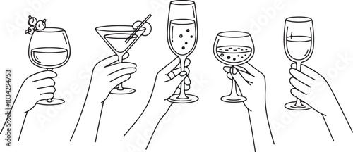 Monochrome hands delicately hold various cocktail glasses filled with colorful beverages, showing line art