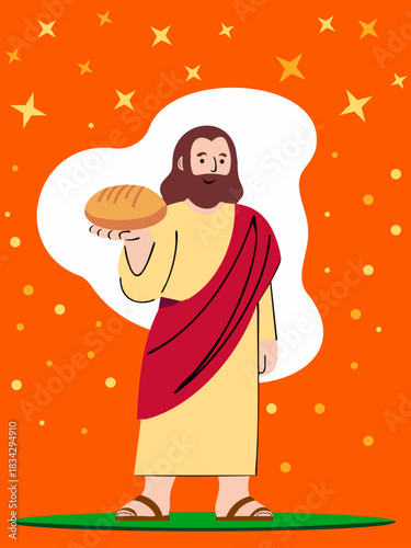 Flat vector illustration of Jesus holding a loaf of bread in one hand