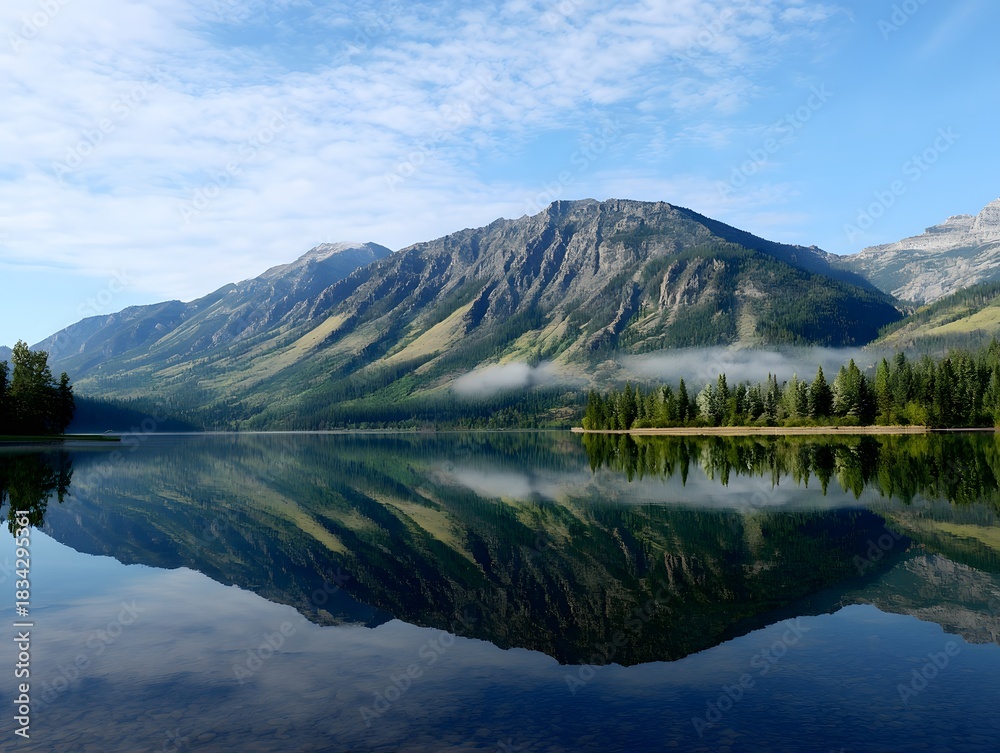Fototapeta premium Scenic mountain landscape with lush green trees overlooking calm reflective lake under blue sky with clouds and mist