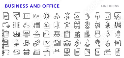 Office and Business linear icon set. Workplace, meeting, team, office desk, work, communication, finance, management, productivity icons vector illustration. Editable pixel-perfect stroke