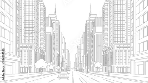 Detailed line art illustration of a modern city street with tall skyscrapers and a car, viewed from a central perspective.