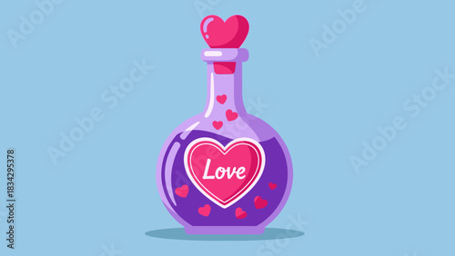 A cartoon illustration of a purple love potion in a glass bottle with a heart-shaped stopper and label.
