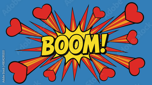 Comic book style "BOOM!" explosion with red hearts flying out on a blue background, depicting a burst of love or excitement.