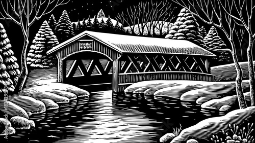 snowy wooden bridge crossing over a calm winter river black and white sketch, creating a picturesque Christmas 2026 countryside scene