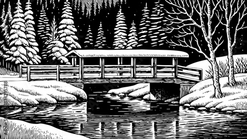 snowy wooden bridge crossing over a calm winter river black and white sketch, creating a picturesque Christmas 2026 countryside scene