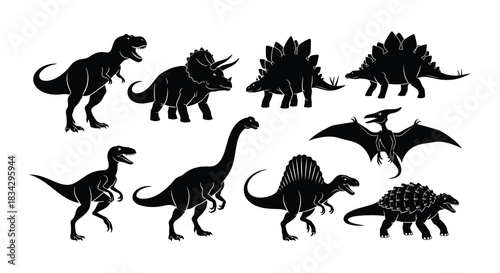 A collection of prehistoric dinosaur silhouettes in a simple black and white design