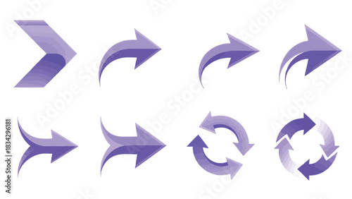 A collection of eight purple arrows pointing in various directions on a white background.