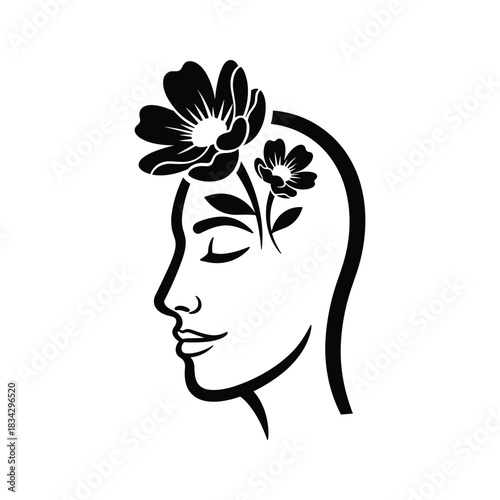 Black silhouette profile of a woman with flowers growing from her head female