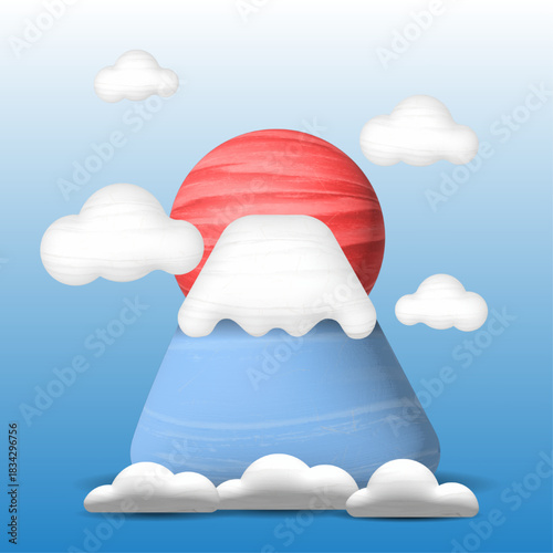 Cute Wooden 3D Mount Fuji Vector with Sun, Puffy Clouds and Fog. Ideal for use in children’s content, holiday themes, travel graphics, Japanese culture artwork, modern design projects