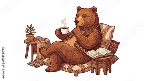 Relaxed bear enjoying coffee while reading a book in a cozy armchair.