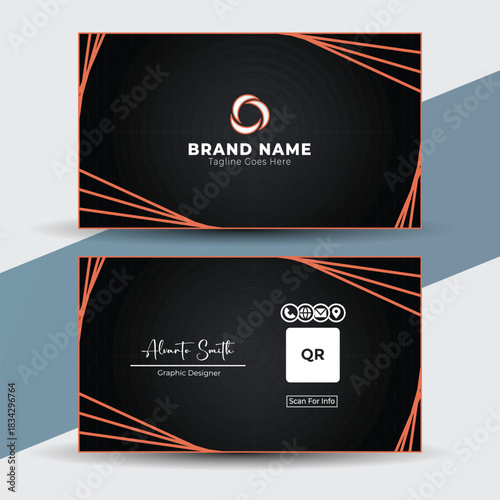 Modern black business card template with orange line accent design