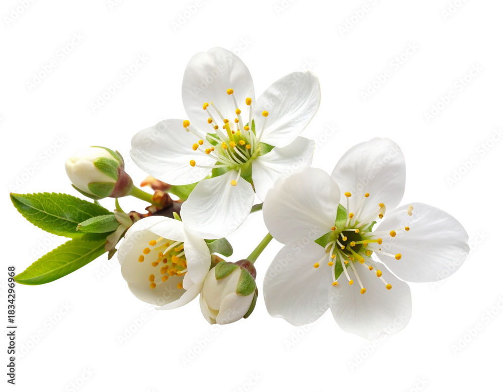 Obraz premium - White tree blossoms branch, soft spring florals isolated on white background PNG 