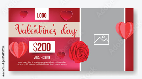 Valentine’s Day gift voucher discount coupon gift card reward giveaway template design with cute 3D heart elements and pastel vector illustration background horizontal banner