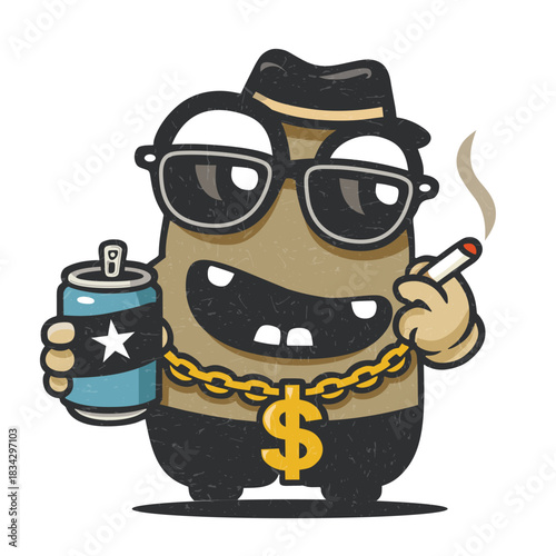 Cartoon character in sunglasses with a hat, gold chain, drink can, and cigarette. Fun flat-style illustration.