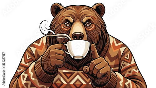 Bear in Sweater Drinking Coffee.