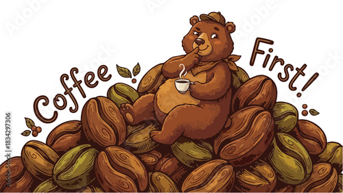 Cute Bear Enjoying Coffee Sitting on Coffee Beans.