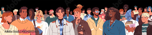 Diverse happy people standing together. Crowd of different men and women. Multiracial group of characters. Banner with multiethnic society, multinational community.  Flat isolated vector illustration.