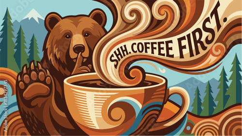 Bear Shushing with Coffee Cup and Steam Art.