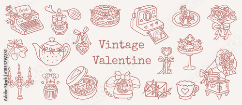 Vintage Valentine line art set featuring typewriter, perfume, cake, camera, teapot, bouquets, sweets, telephone, envelope, cup, and gramophone, perfect for romantic cards, packaging, retro branding.
