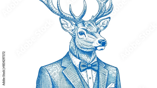 Gentleman deer head in suit and bow tie isolated on white background