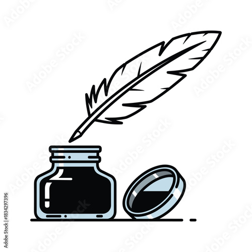 Feather quill pen hovering over inkwell with cap beside it writing vintage