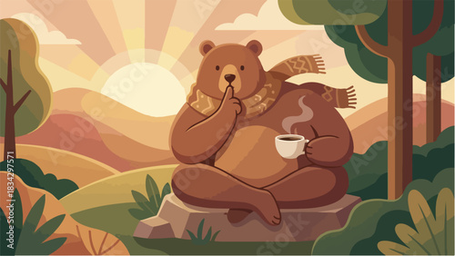 A bear enjoying a warm drink in a serene autumn landscape at sunrise.