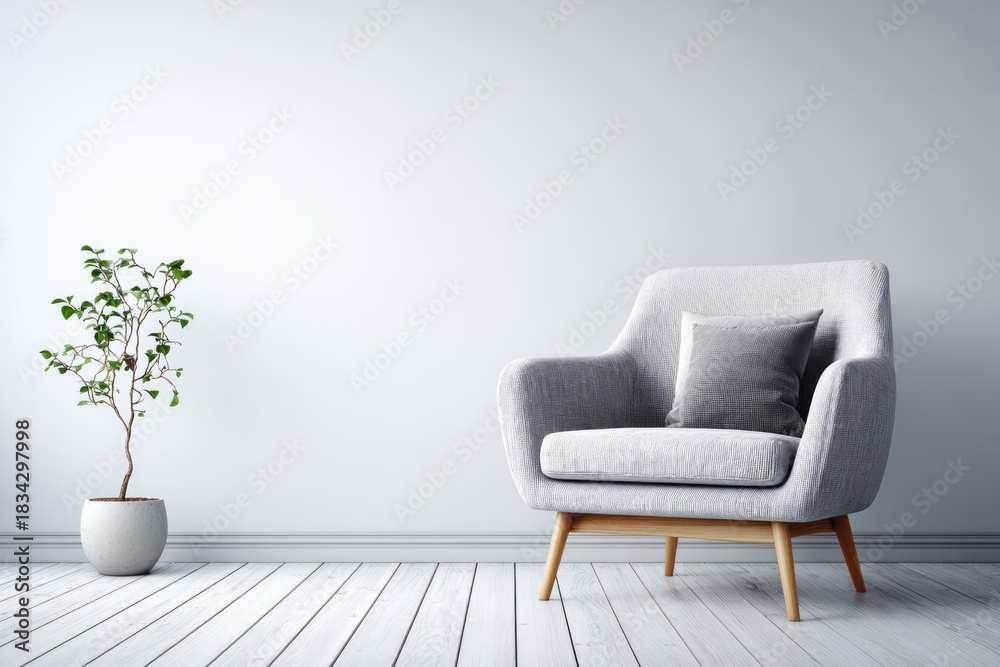 Fototapeta premium Minimalist interior space features a contemporary armchair beside a potted houseplant