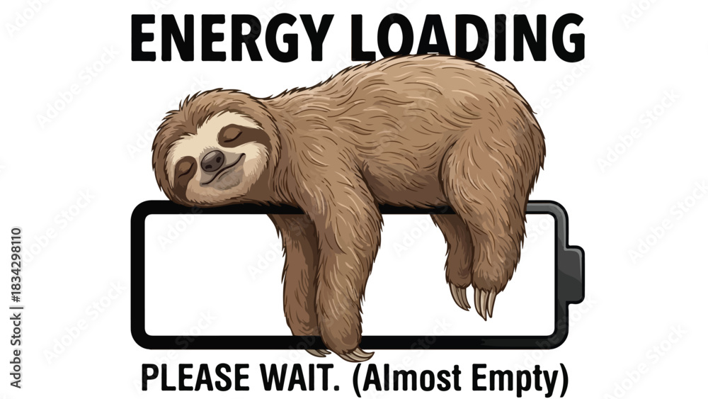 Naklejka premium Sloth Resting on Battery Symbol with Energy Loading Message.