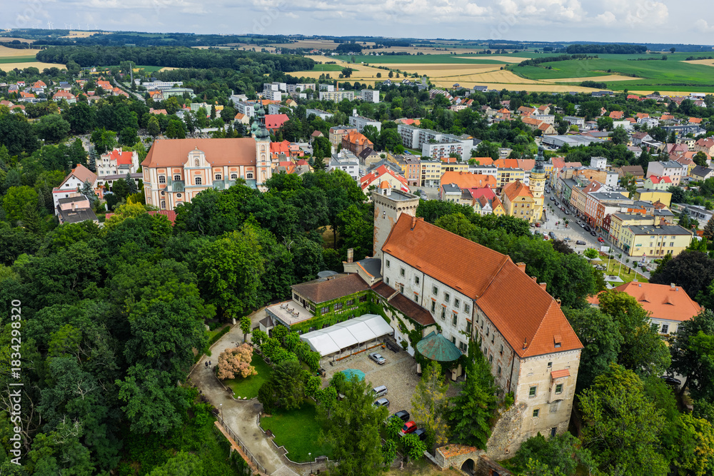 Obraz premium Otmuchow town in summer. Otmuchow panorama from drone aerial fly.Aerial drone view of castle and Church in Otmochow a town in Nysa County, Opole Voivodeship, Poland