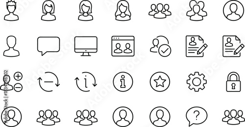 Large comprehensive vector outline icon set for web and mobile interfaces featuring male and female avatars, chat, settings, security, documents, and user profile management actions.
