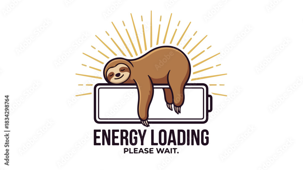 Obraz premium Lazy sloth resting on a battery energy loading please wait.