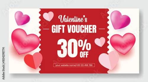 Valentine’s Day gift voucher discount coupon gift card reward giveaway template design with luxury 3D heart elements and refined vector illustration background horizontal sale banner