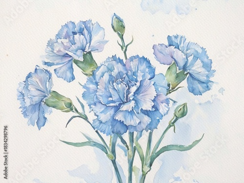 Watercolor Blue Carnation flowers bouquet