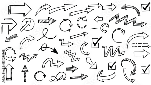 A collection of hand-drawn arrows and checkmarks are displayed on a white background.