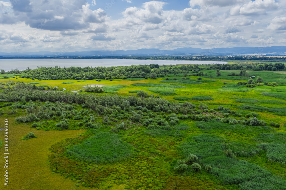 Obraz premium Aerial view of the Nysa Klodzka River and Otmuchow Lake in the Polish village of Otmuchow, calm water and rural natural landscape captured from drone perspective on a bright clear day