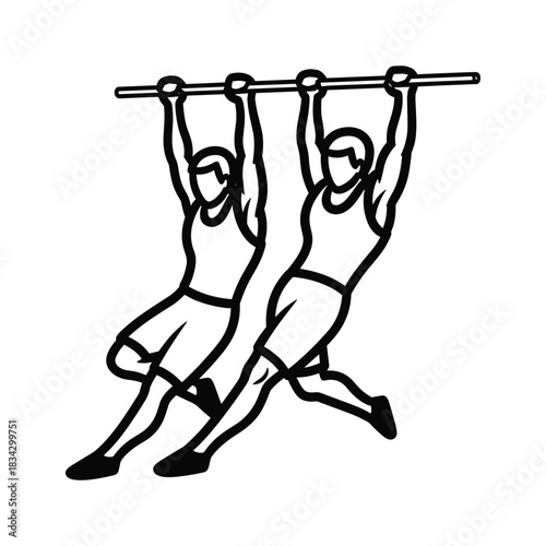 Two men performing gymnastic routine on horizontal bars gymnastics athletes