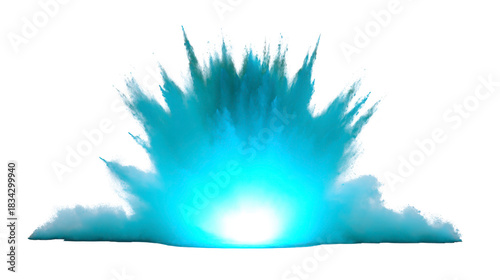 Blue explosion with glowing center dramatic energy burst isolated on transparent background dynamic motion vibrant color digital effect powerful impact abstract art intense light creative design