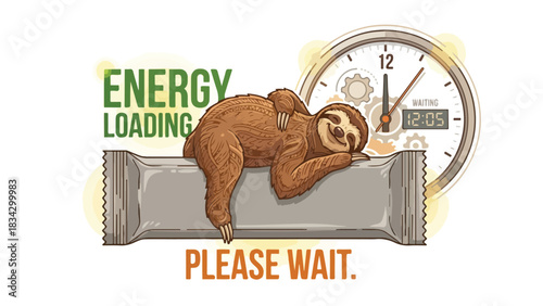 Sloth resting on energy bar waiting for energy loading please wait.
