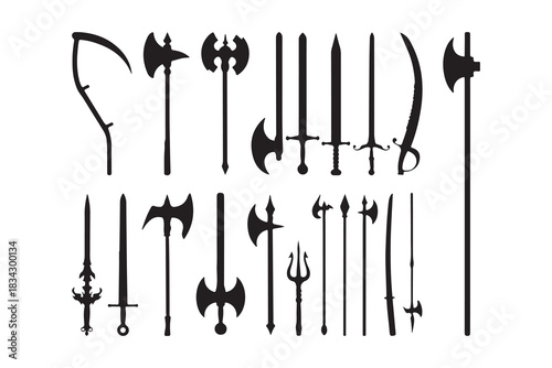 This image is a collection of silhouettes of various medieval weapons. It features a variety of swords, axes, scythes, and polearms arranged in two rows. The stark black and white design emphasizes 