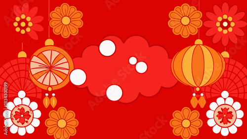 Vibrant red background with traditional chinese lanterns flowers and fans for festive celebrations