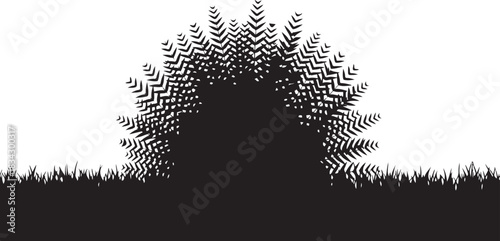 Abstract bush silhouette with textured leaves and grass on white background shrub