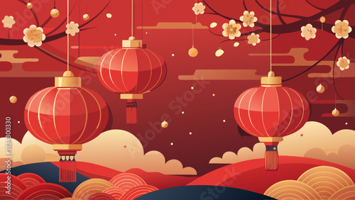 Vibrant red chinese lanterns hang from blooming branches against a warm festive background with stylized clouds and hills