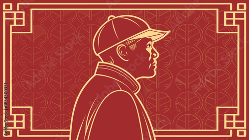 Stylized profile of a man wearing a cap and traditional chinese clothing against a red patterned background