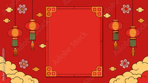 Red background with decorative elements like chinese lanterns flowers and clouds for festive celebrations